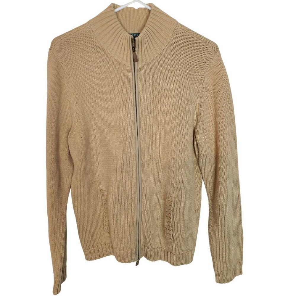 Lauren Ralph Lauren Womens L Tan Knitted Long Sleeves Mock Full Zip Sweater